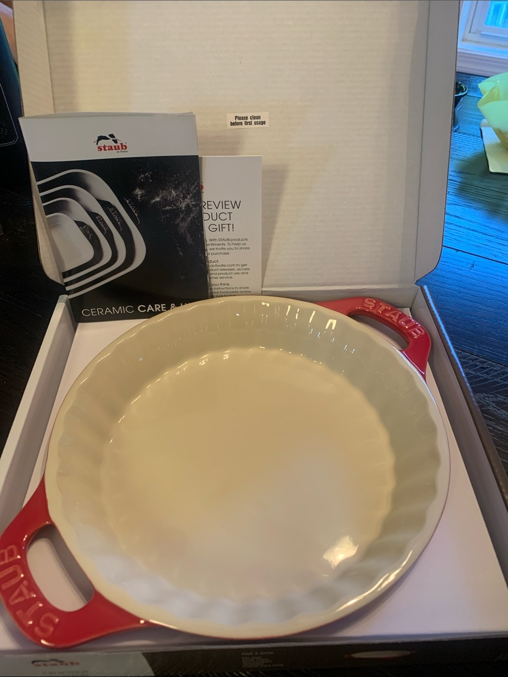 NEVER USED! Staub Red and Cream Ceramic Scalloped Baking Dish